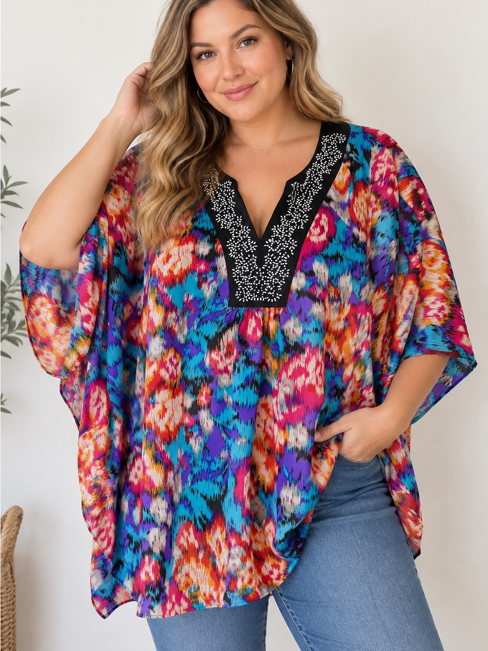 Plus-Size Beaded V-Neck Floral Ikat Tunic in Multi